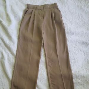 Tan Pleated High-Waisted Trousers with Relaxed Fit